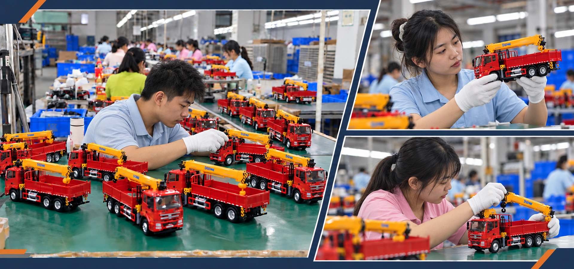 AI-generated illustration of crane truck model production and quality checks