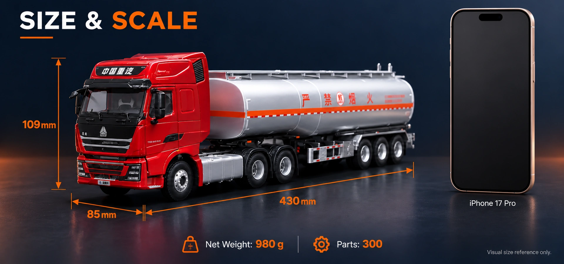 HOWO tanker model beside an iPhone 17 Pro with length, width and height guide lines