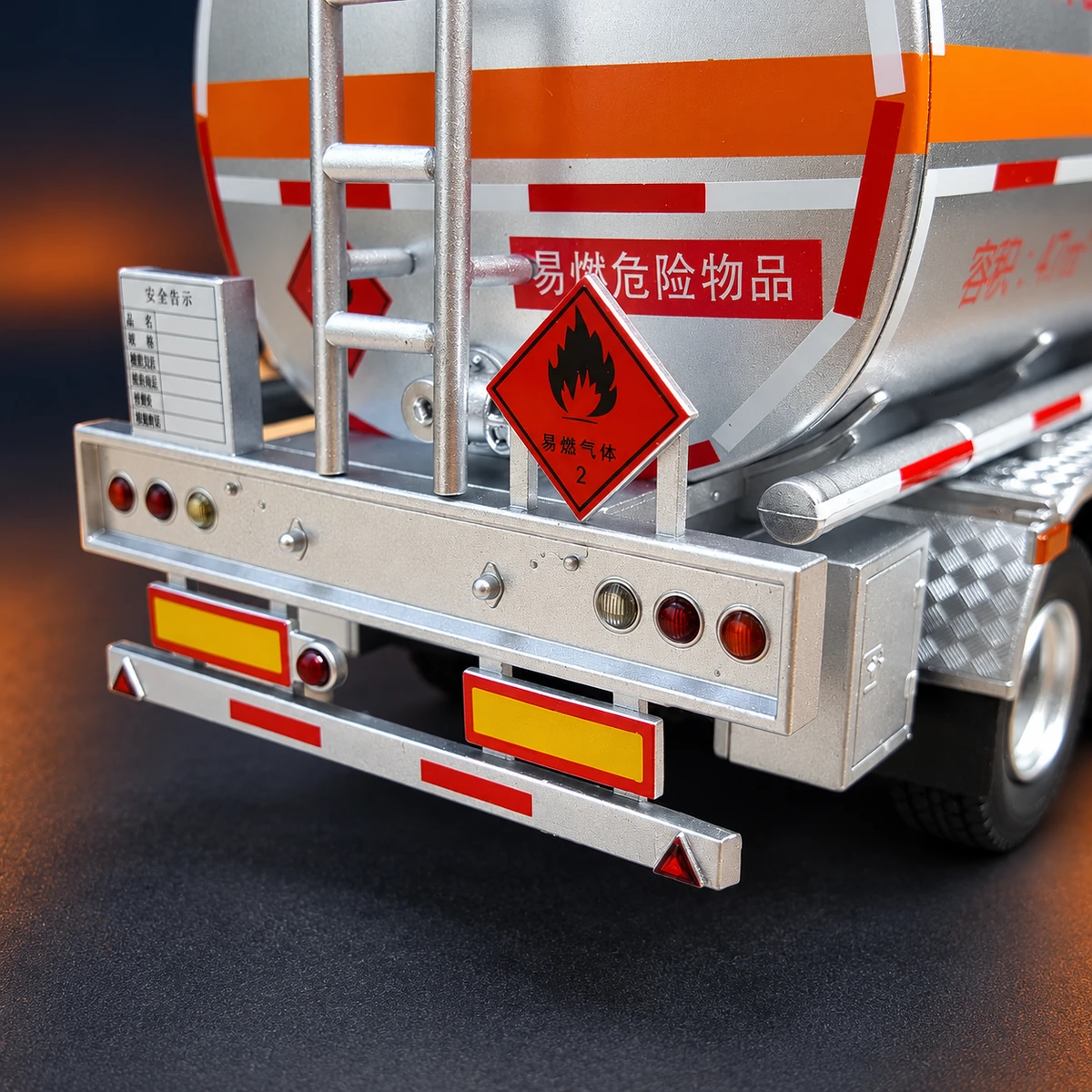 Close-up of rear lights and hazard markings on the tanker model